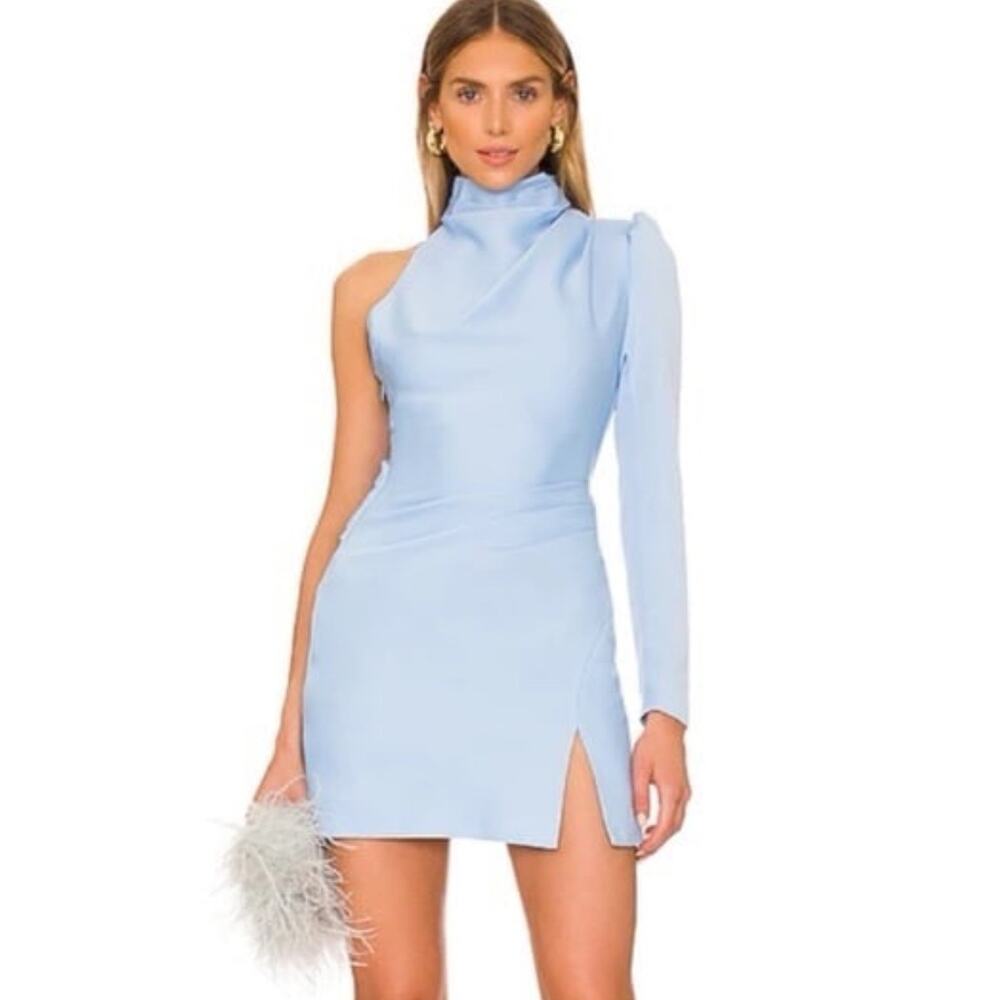 Misha Romeo Mini Dress in Bluebell Puff Sleeve One Shoulder Draped 0
